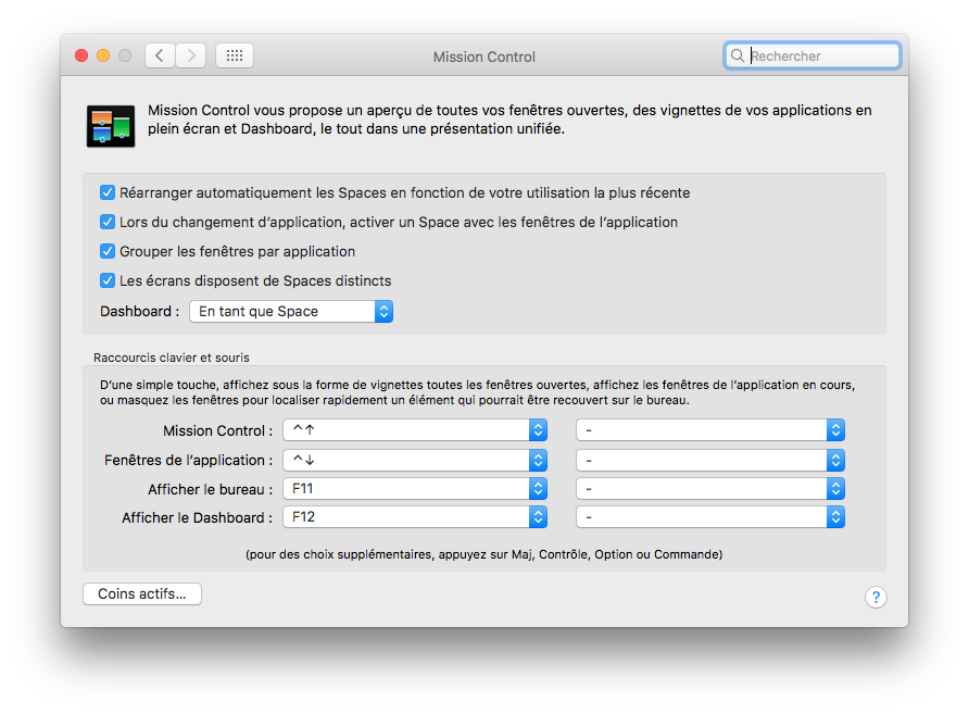 Capture d’écran de Mission Control sur macOS, avec le raccourci clavier « ctrl + ↓ » indiqué.