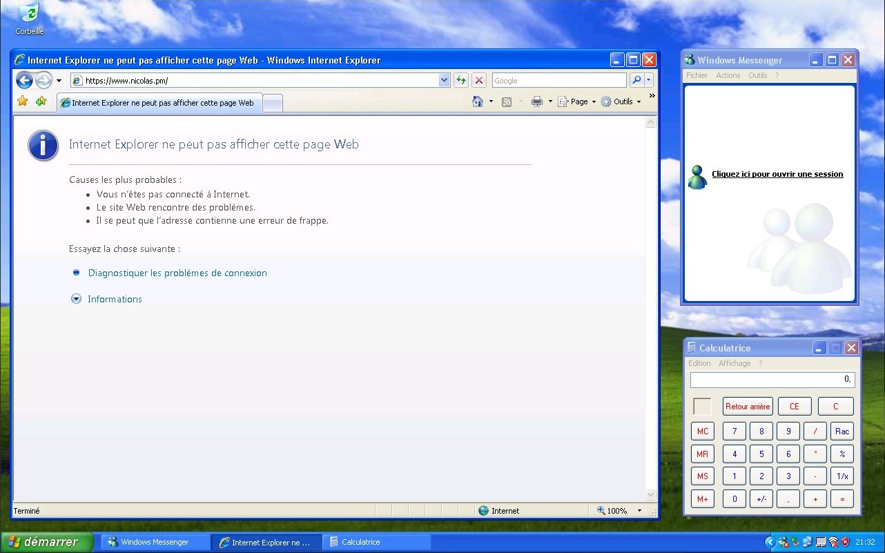 Bureau sous Windows XP avec Internet Explorer et Windows Messenger.