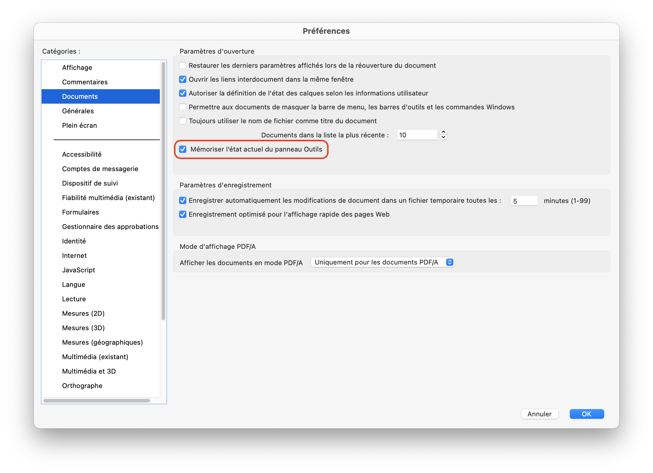 Fenêtre des préférences d’Acrobat Reader DC.