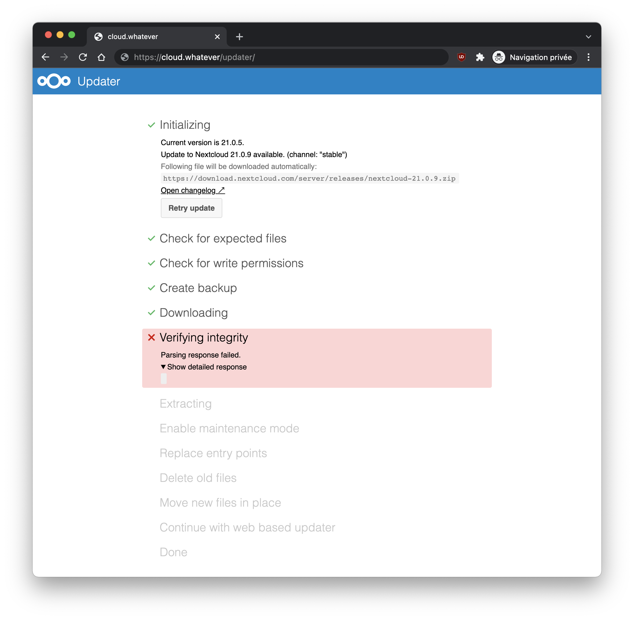 Erreur à l’étape “Verifying integrity” lors de la mise à jour de Nextcloud.