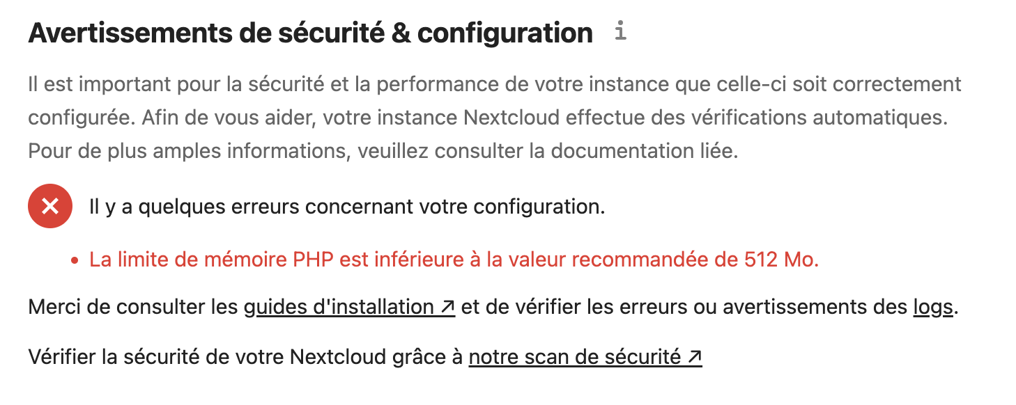 Vue d’ensemble de l’administration de Nexctloud : erreurs concernant la configuration.