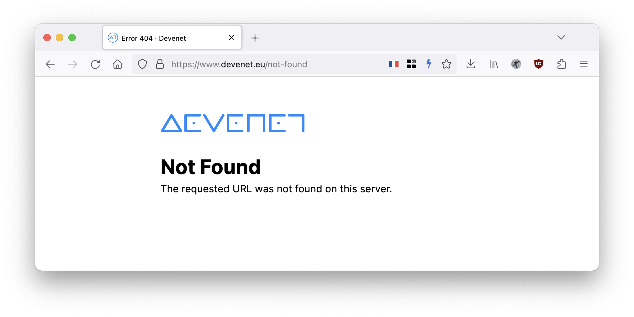 Page d’un navigateur sur URL inexistante qui affiche une page d’erreur 404 personnalisée.