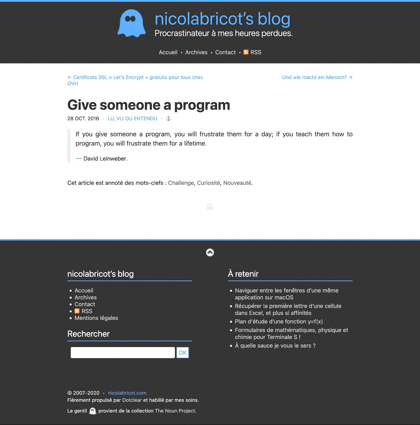 Capture d’écran de l’article « Give someone a program » de l’ancien site « nicolabricot’s blog ».